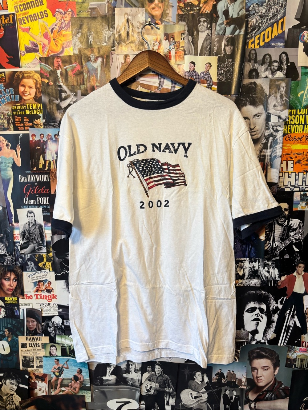 Old Navy White Short-Sleeve Ringer Tee with Navy Trim and Flag Graphic